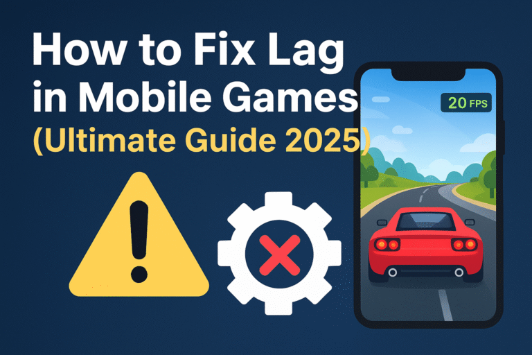Illustration showing tips to fix lag in mobile games, including clearing cache, lowering graphics settings, using game booster apps, and improving internet speed, Ultimate Guide 2025