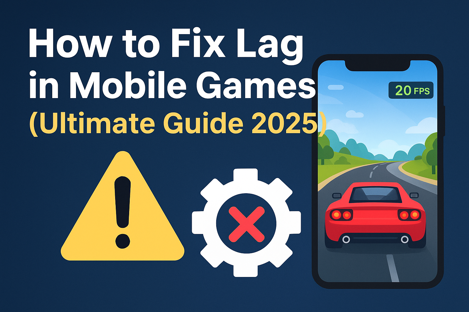 Illustration showing tips to fix lag in mobile games, including clearing cache, lowering graphics settings, using game booster apps, and improving internet speed, Ultimate Guide 2025