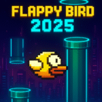 Flappy Bird 2025 gameplay screenshot with neon-style pipes.
