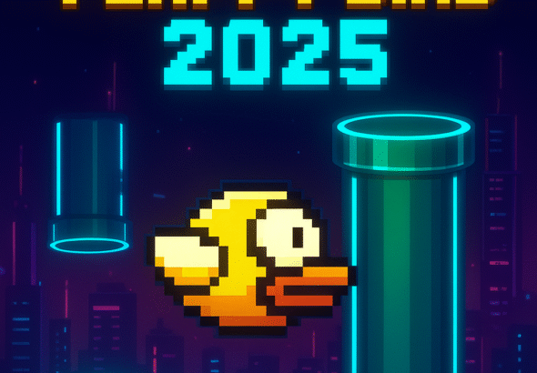 Flappy Bird 2025 gameplay screenshot with neon-style pipes.