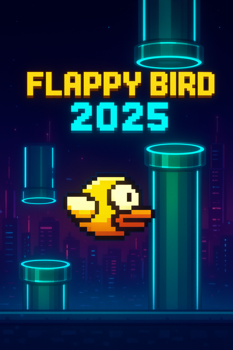Flappy Bird 2025 gameplay screenshot with neon-style pipes.