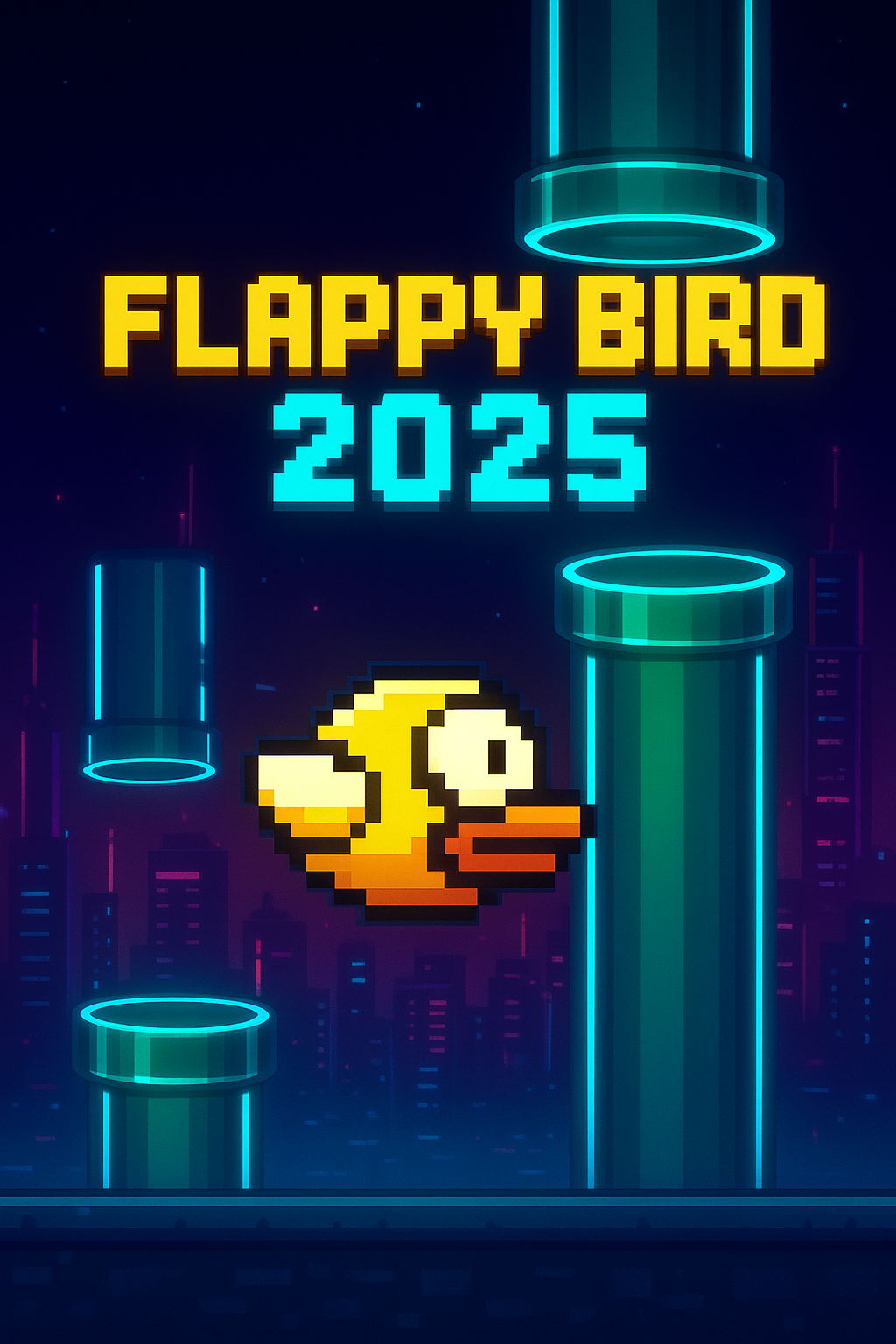 Flappy Bird 2025 gameplay screenshot with neon-style pipes.