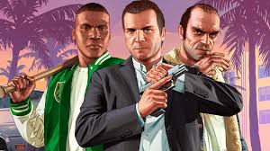 GTA 5 main characters — Michael, Franklin, and Trevor — standing together against the sunset skyline of Los Santos with the Vinewood sign visible in the background.